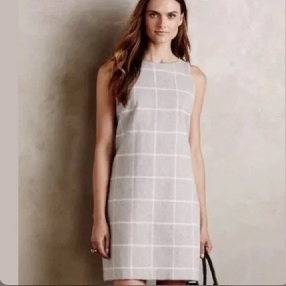 Paper Crown Anthropologie Gray Windowpane Shift Dress Sleeveless L‎ Wool Blend
